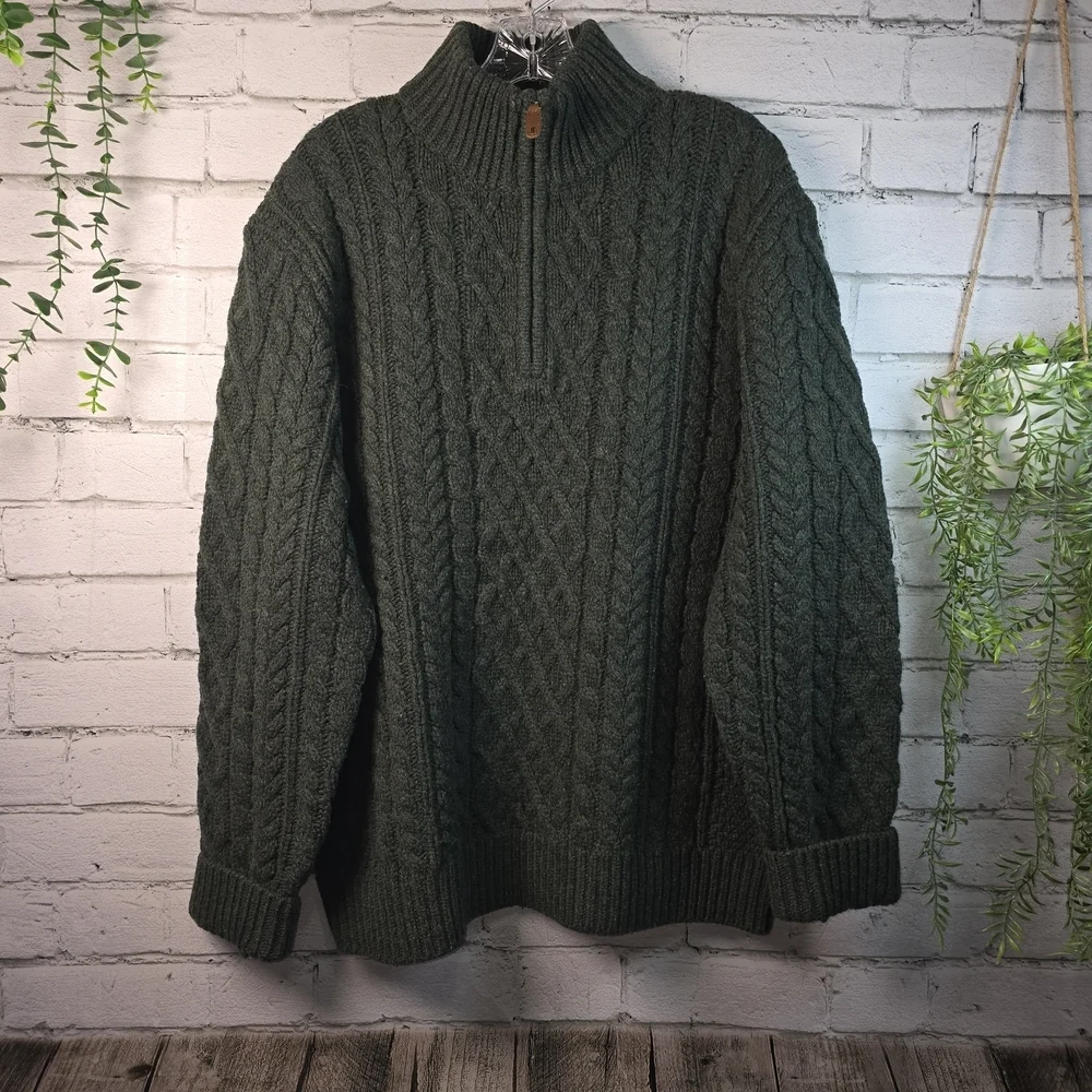 JOSEPH TURNER MENS 1/4 ZIP MOCK NECK FISHERMAN KNIT LAMBSWOOL GREEN SWEATER XL